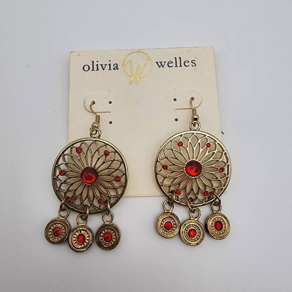 NWT Olivia Welles Gold Tone & Red Rhinestone Dangling Earrings